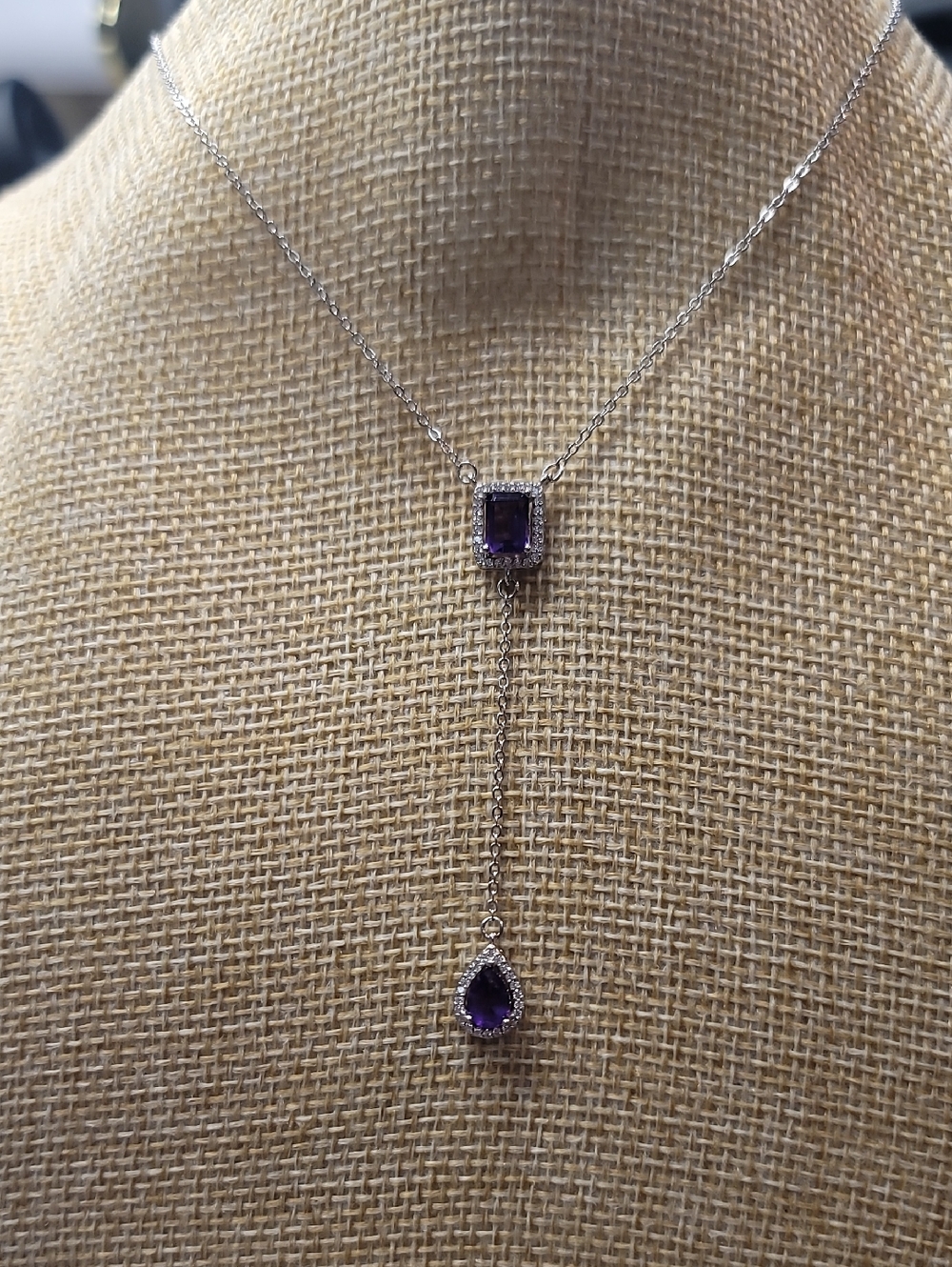 Silver Lariat Necklace with Purple Gemstones